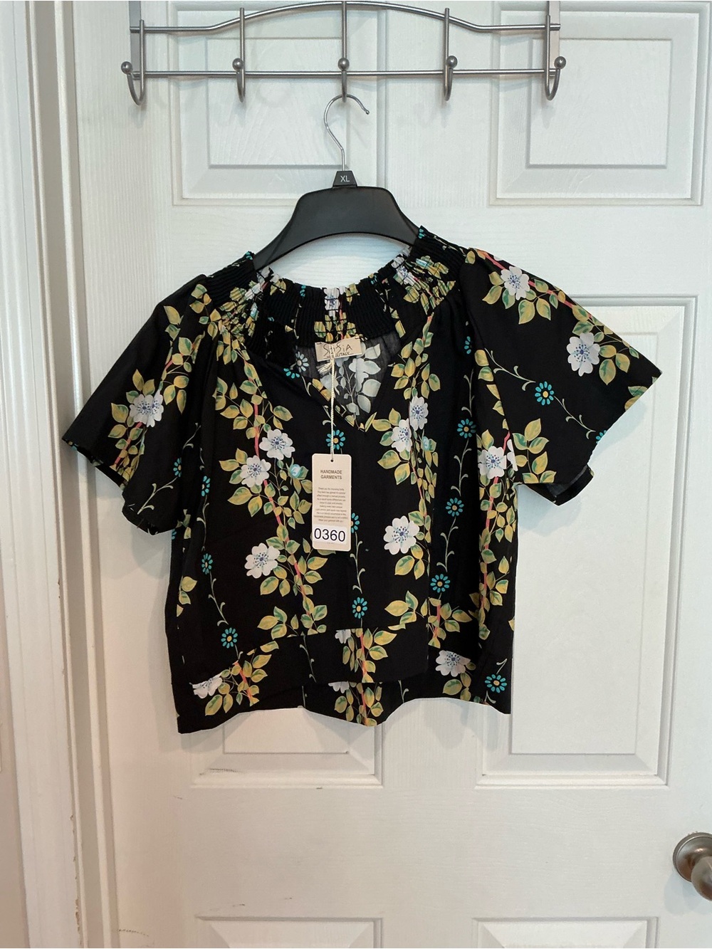 Smocked Neck Floral Blouse - Black
